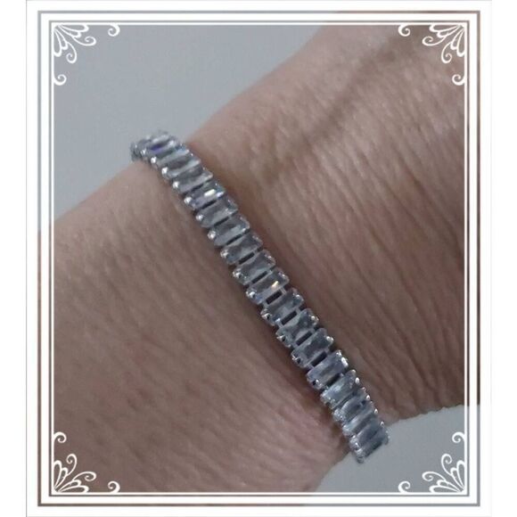 Gorgeous 10 Ct. Baguette Cut Sim Diamond Bolo Tennis Bracelet~18KWGP~New - Picture 3 of 3